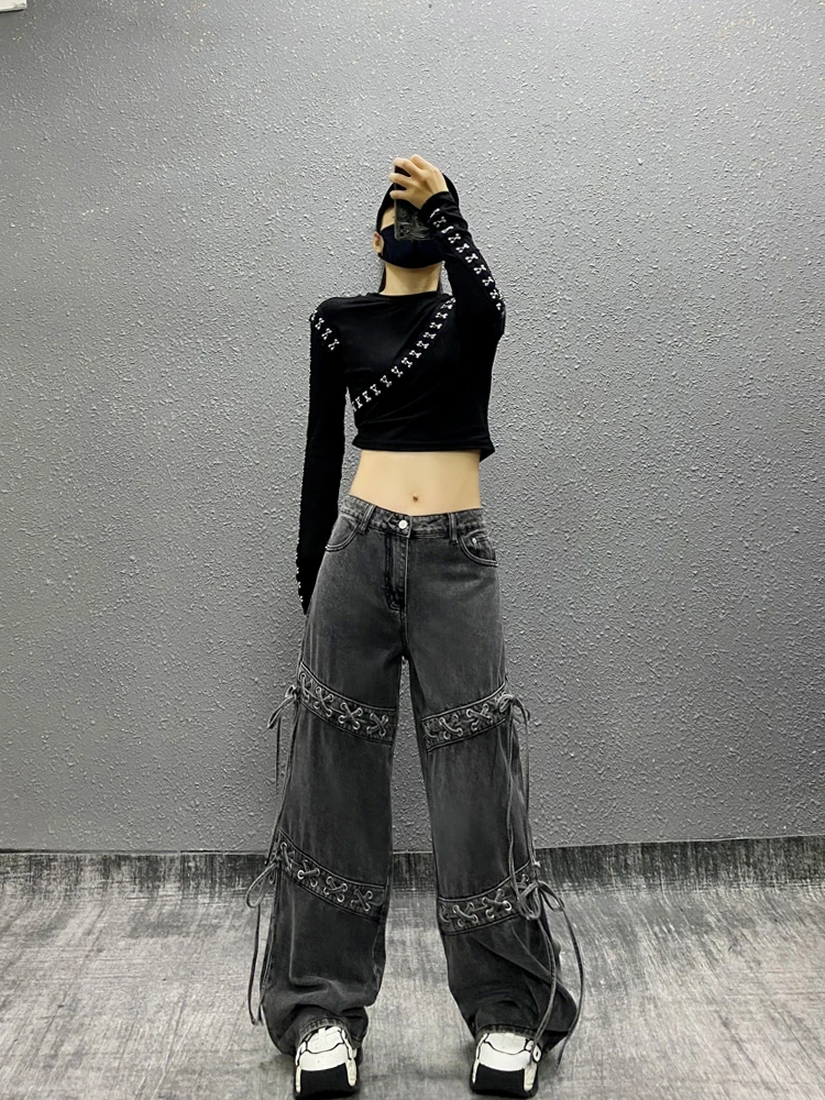 

Autumn Black Women's Jeans High Waist Hip Hop Straight Fashion Pants Streetwear Harajuku Y2K Star Female Wide Leg Denim Trouser
