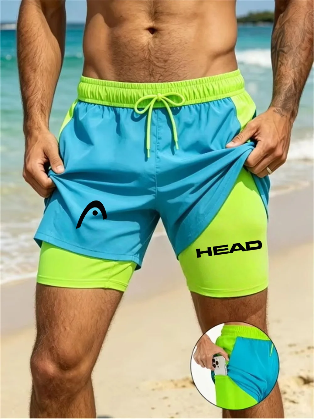 Men's Summer Fitness Sport Shorts for Surfing, Stretchy Running, Quick-Drying, Loose and Breathable Double-Layered Shorts
