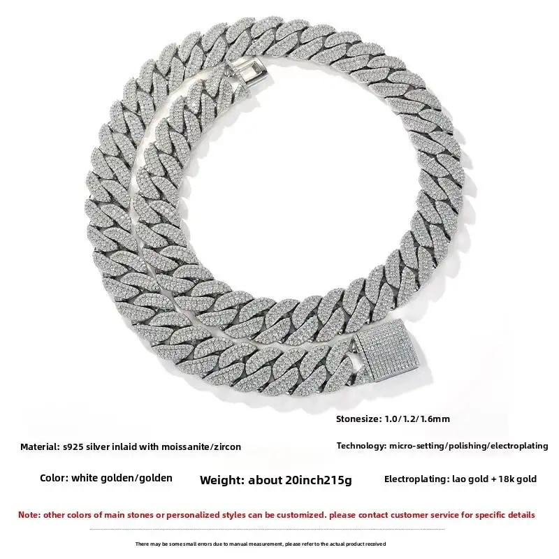 Fashion 15mm S925Silver Micro Pave D Color VVS1 Moissanite Three Rows Cuban Link Chain Necklace, Unisex Hip Hop Unique Fashion J