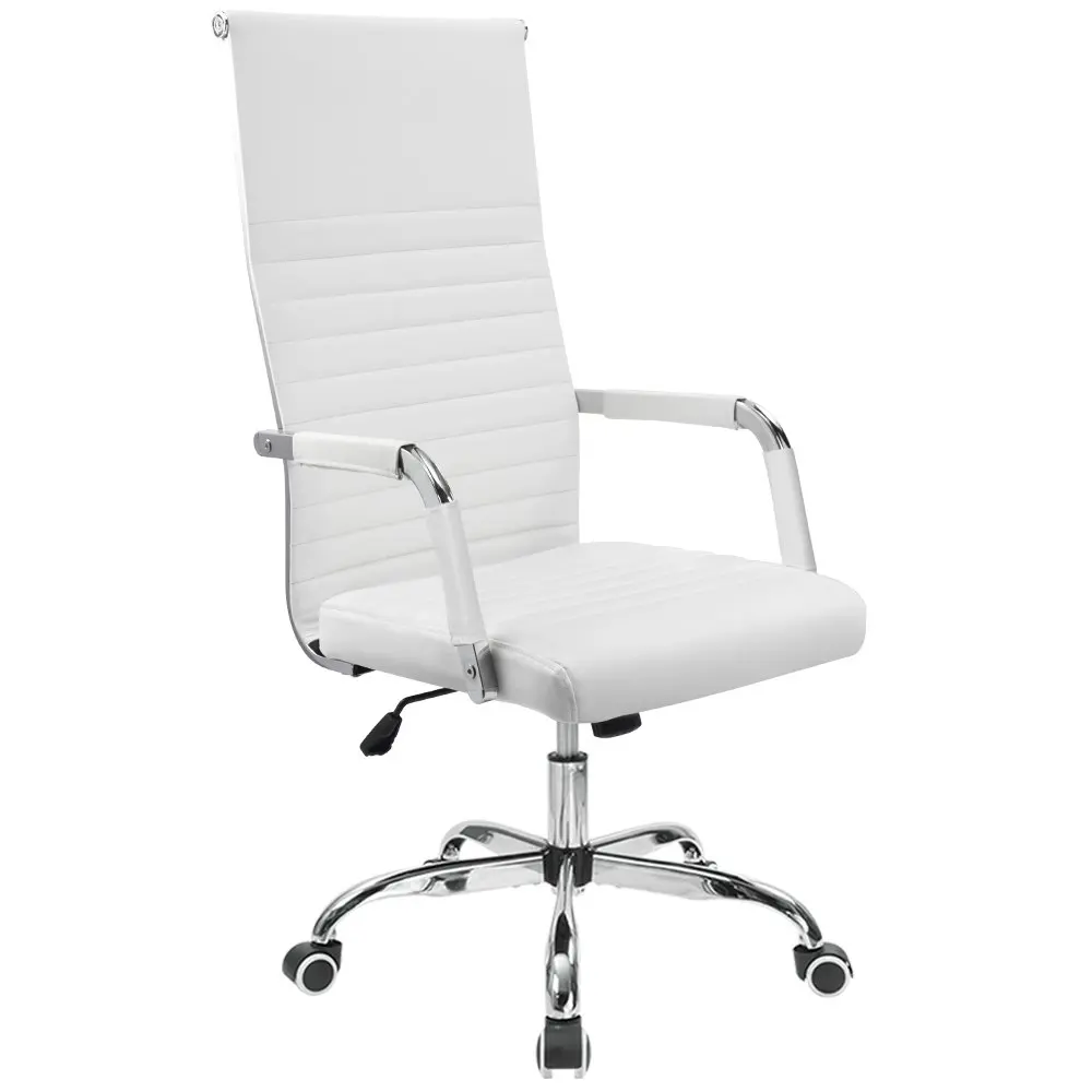 Ribbed Office Chair High Ba Pu Leather Executive Conference Chair Adjustable Swivel Chair With A (White)