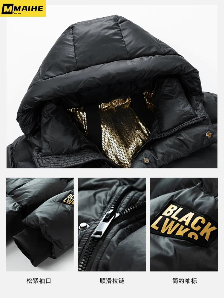 High quality black gold medium length down jacket men's Winter jacket Windproof warm thick short down coats couple hooded parkas