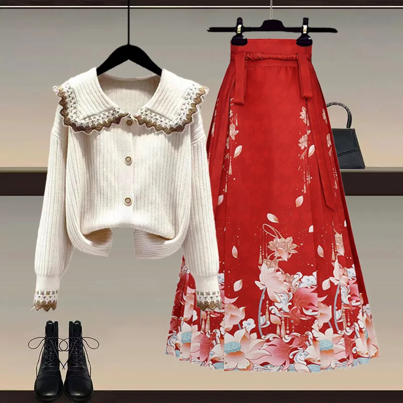 

New Year Knitted Sweater And Hanfu Skirt Set for Women Winter New Arrival Doll Collar Two-Piece Faion Ensemble Long Sve
