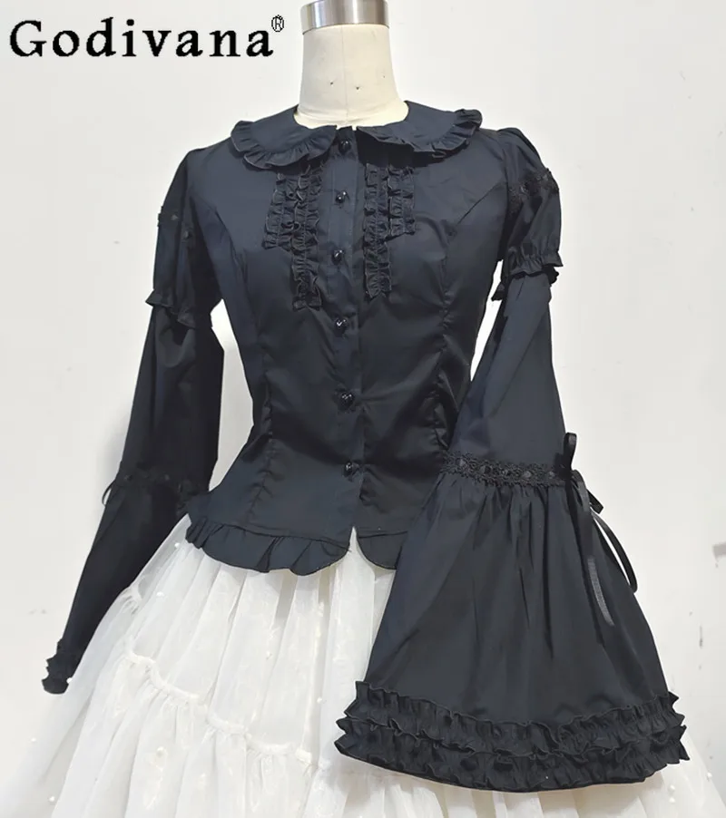 Japanese Original Lolita Sweet Girl Long-sleeved Shirt Doll Collar Dark Loli Horn Sleeve Versatile Lace Shirt