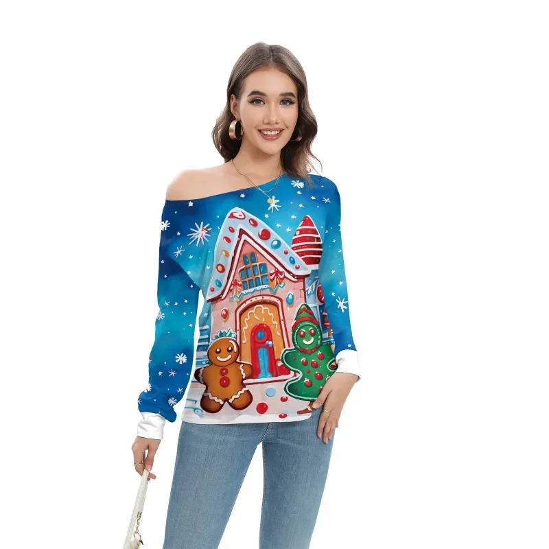 Ugly Christmas Sweatshirt Sweater Slanted Shoulder Sexy Christmas Puppy Printi Women Tracksuit Fancy Dress Party Cosplay Costume