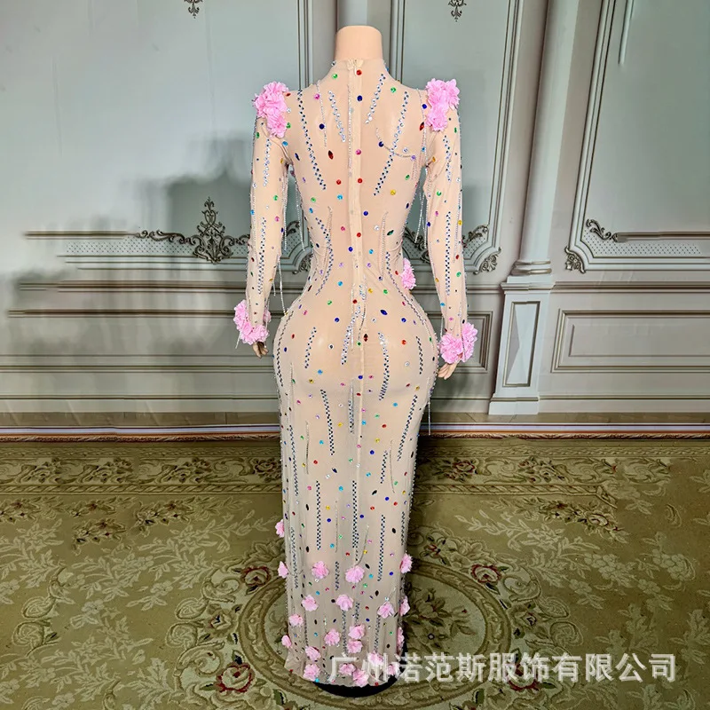 Fashion Flower Color Hot Diamond Mesh Split Dress Evening Dress Party Clothing Car Model Performance Clothing Abendkleider Luxus