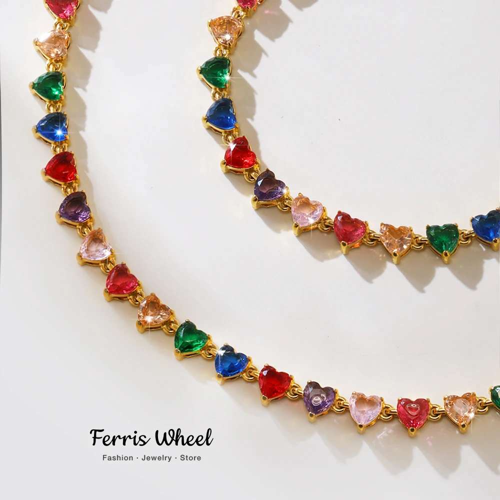 

Colorful Heart Love Zirconia Women's Necklace Bracelet Luxury Stainless Steel Choker Waterproof Charm Banquet Wedding Jewelry