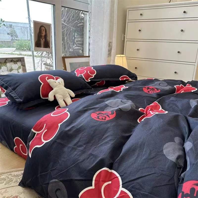 4Pcs/NARUTO Akatsuki Anime Bed Four-Piece Set for Men and Women Comfortable Bedroom Sheets Quilt Cover Student Dormitory Bedding