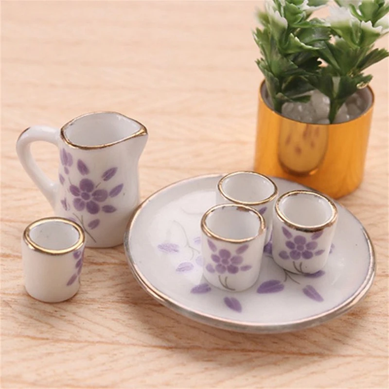 6Pcs/Set 1:12 Dollhouse Miniature Tea Set Porcelain Prints Tea Mugs Jugs Cups Set with Tray Dining Ware Model Home Scene Decor