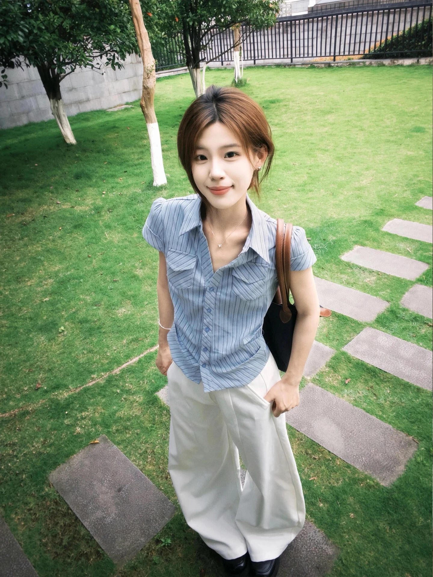 

Korean Style Slim Fit Striped Shirt Short Sleeve Women's Summer Shirt Waist Cinching Shoulder Pockets Collar Top