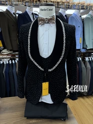 Luxurious Textured Men's Suit Stylish Beaded Party Date Tuxedo Crystals Celebrity Groom Wear Charming Jacket Vest Pants Set