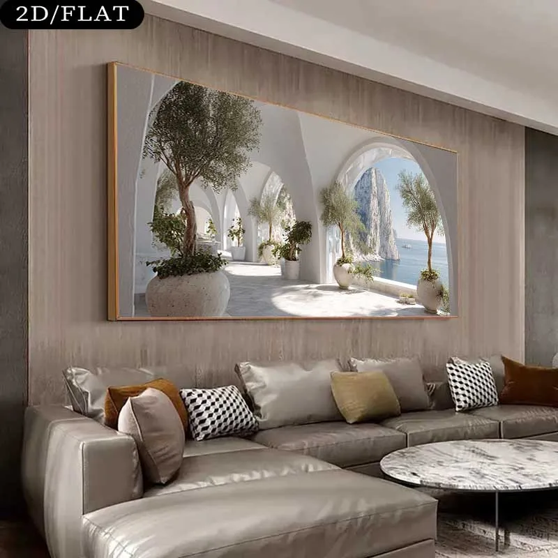 

2D Flat Modern Coastal Arches & Potted Trees Canvas Wall Art - Frameless Realistic Landscape Canvas Prints for Living Room Decor