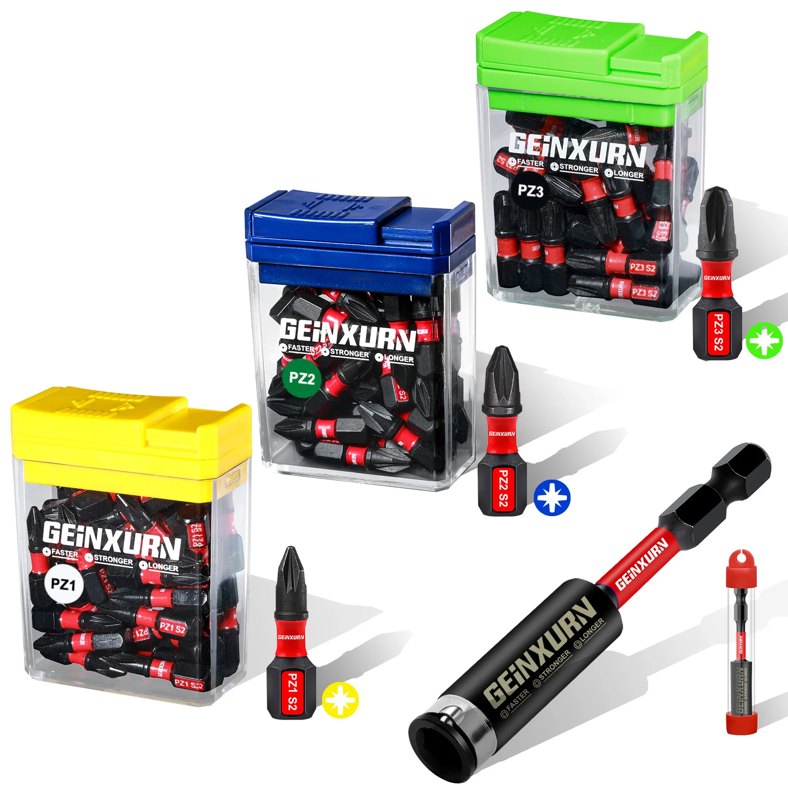 

Geinxurn, 91 шт., набор бит Impact PoziDrive (PZ1/PZ2/PZ), 1 дюйм, сталь S2, с цветным ящиком для хранения — магнитный