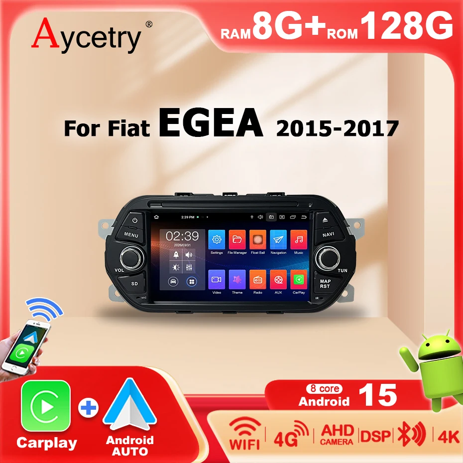 Écran 7 pouces Android 15, Carplay sans fil, accessoire de voiture, stéréo 2 DIN pour Fiat EGEA 2015-2017, autoradio Bluetooth, système intelligent, lecteur multimédia, unité principale, GPS 4G BT