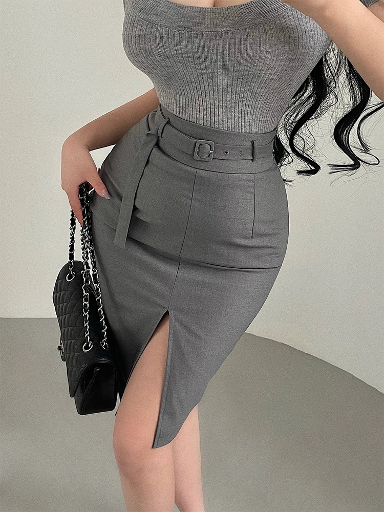 Korean Style High Waist Sexy Half Skirt Bodycon mid Length with Slit Belt Included Pure Desire OL Fashion Young Girl Day
