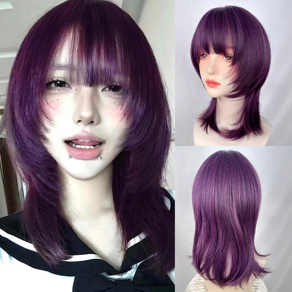 Mullet Head Short Straight Synthetic Purple Women Wig with Bangs Lolita Cosplay Fluffy Heat Resistant Wig for Daily Party