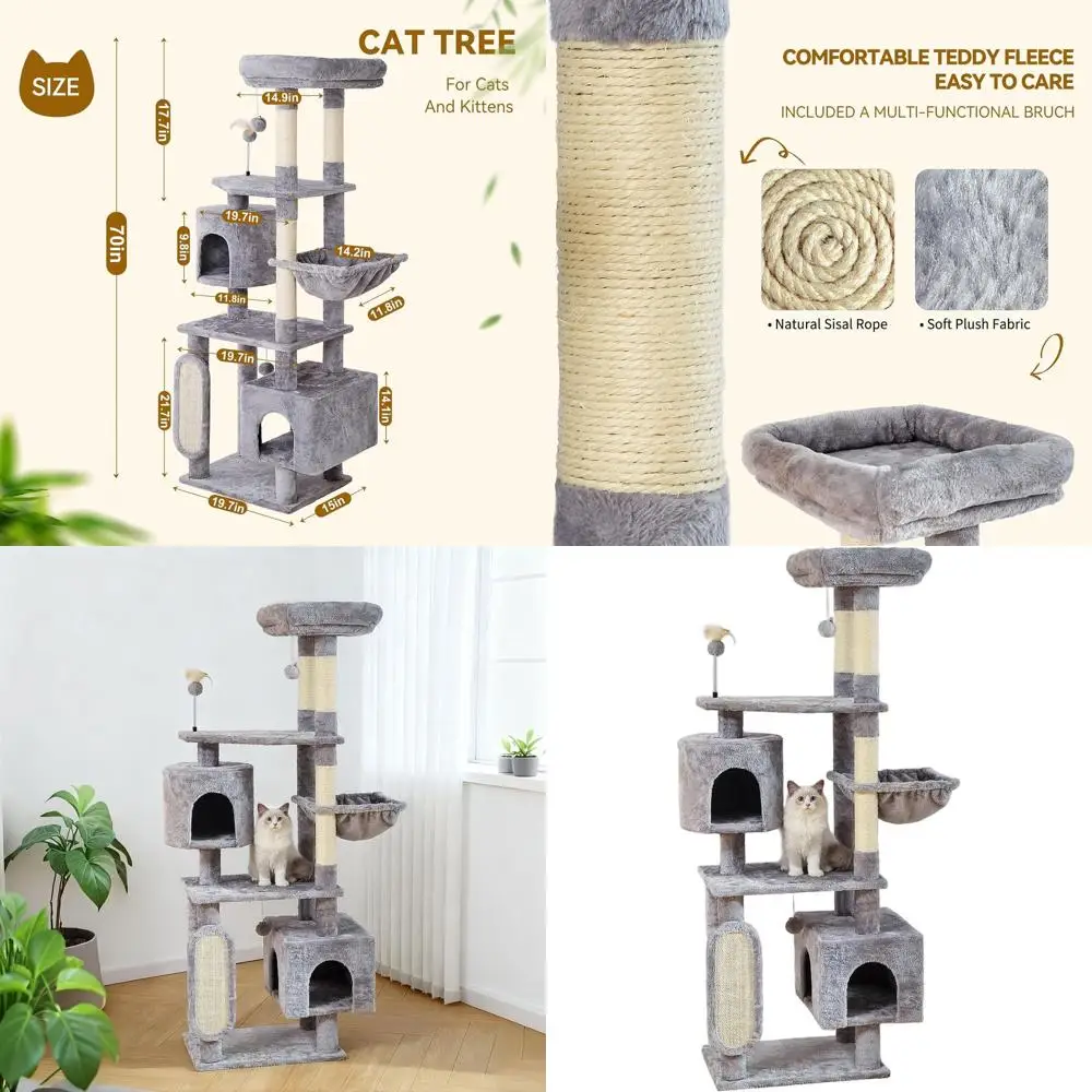 

70-дюймовая многоуровневая лежанка-башня для кошек с 2 домиками, когтеточками, гамаком и платформами для нескольких кошек - серая