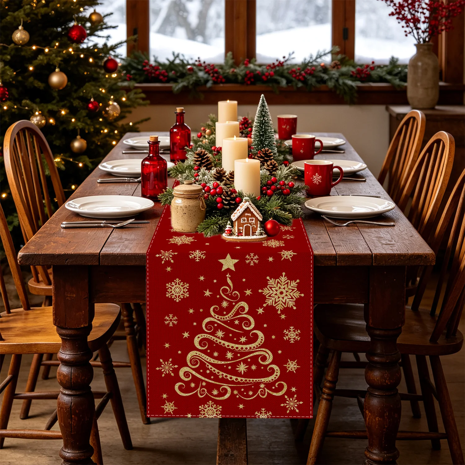 VIKAMA Christmas Table Runner for Dining Table Red Burlap Gold Glitter Xmas Tree Snowflake Farmhouse Linen Decor