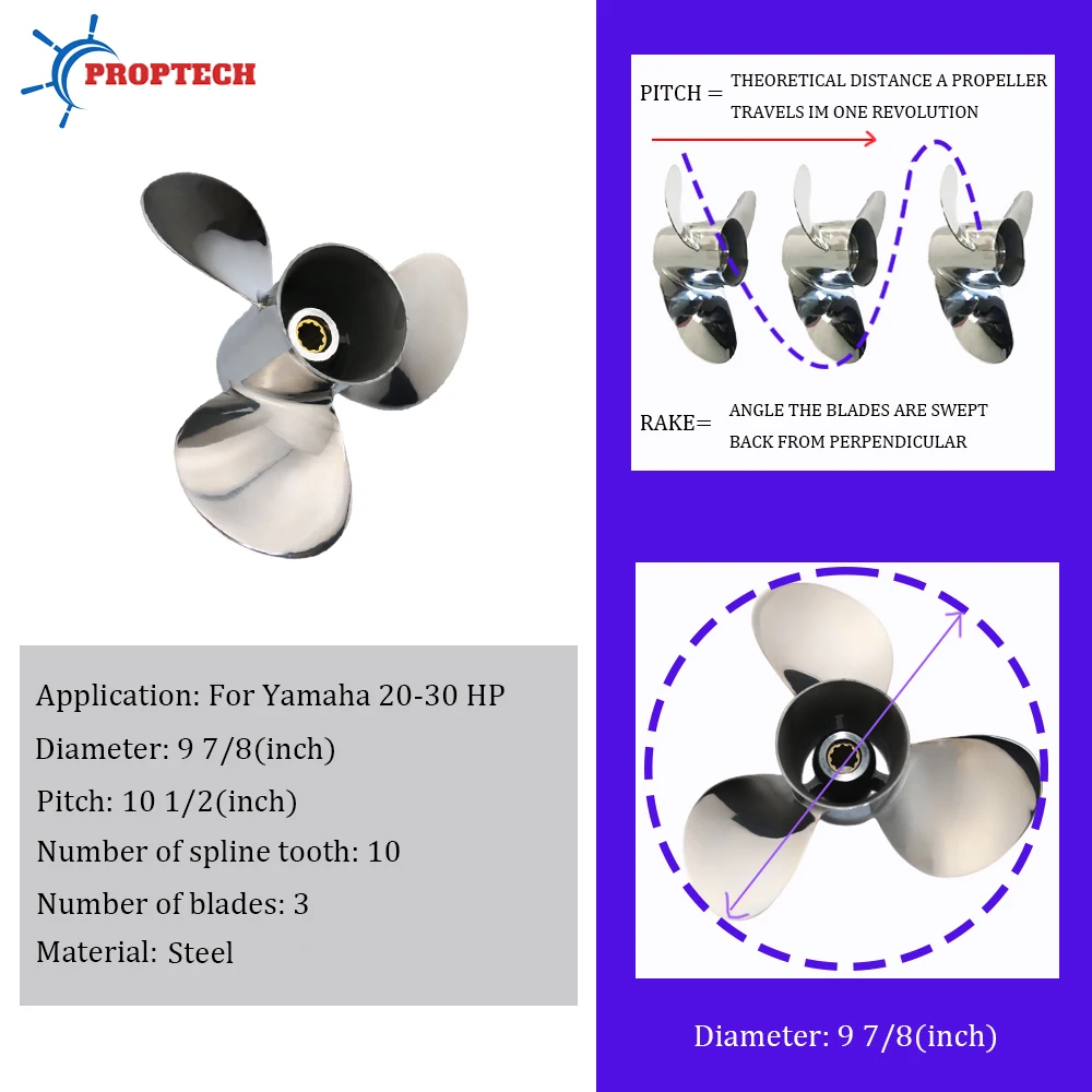 Stainless Steel Propeller 9 7/8x10 1/2 for Yamaha 20HP-30HP 3 Blades 10 Tooth 664-45945-00-EL  Boat Marine Part