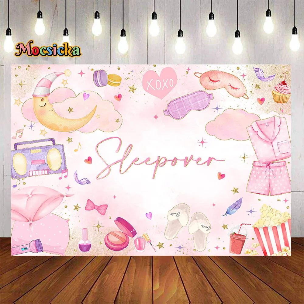 Sleepover Bachelor Party Backdrop for Girl Pajamas Pillow Fight Music Theme Background Carnival Night Dessert Table Pink Booth