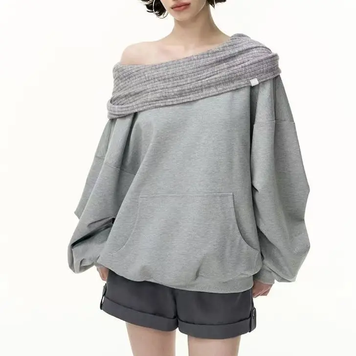 

Y2K Harajuku вязаный лоскутный свитшот с открытыми плечами женский свободный повседневный спортивный топ с длинными рукавами модный винтажный свитер