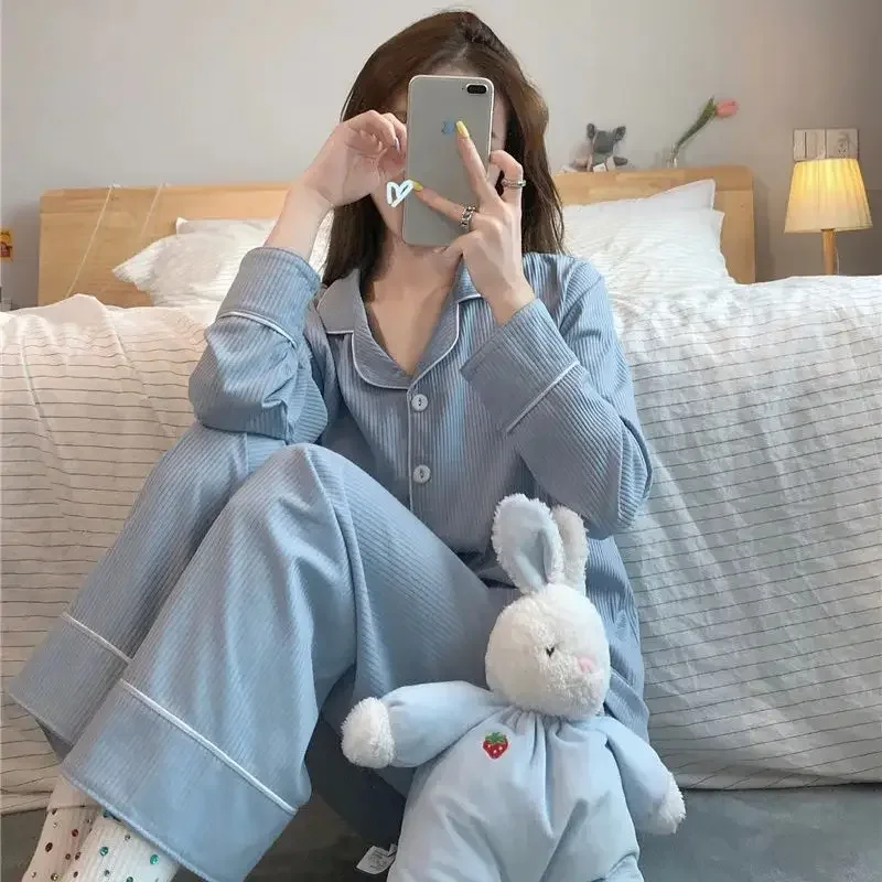 Casual Women\'s Pajamas Set Spring and Autumn New 2024 Pure Cotton Long Sleeves Long Pants Sweet School Style Homewear Set