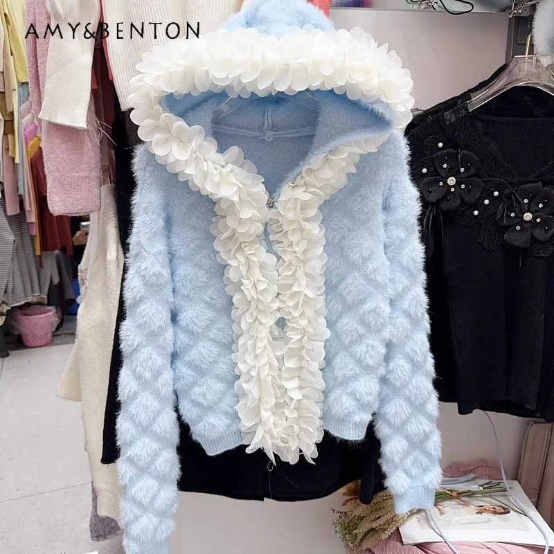 

Premium Three-dimensional Petal Mink Hair Knitwear Hooded Jacket Women's Autumn And Winter 2024 New Light Luxury Knitted Sweater