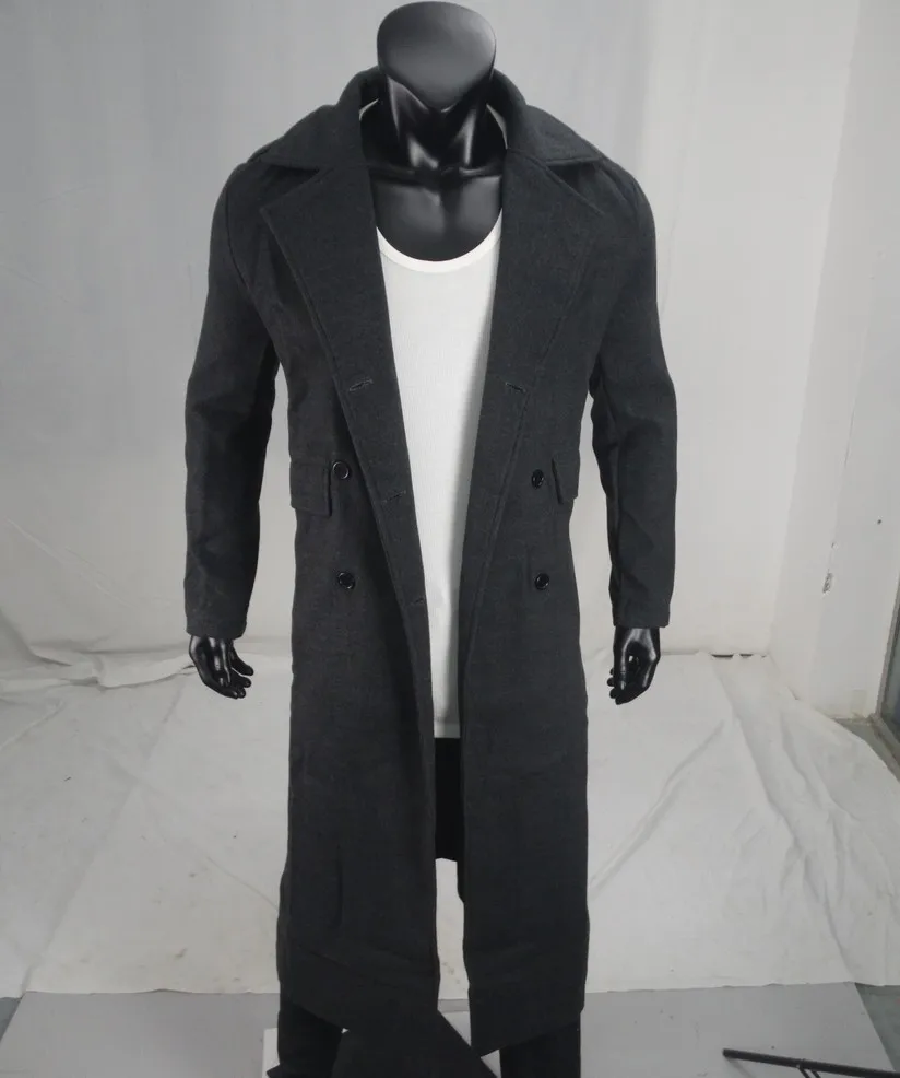 

Men'S Casual Business Trench Coat Button Cuban Collar Knee High Coat Winter Solid Color Warm Cardigan Coat