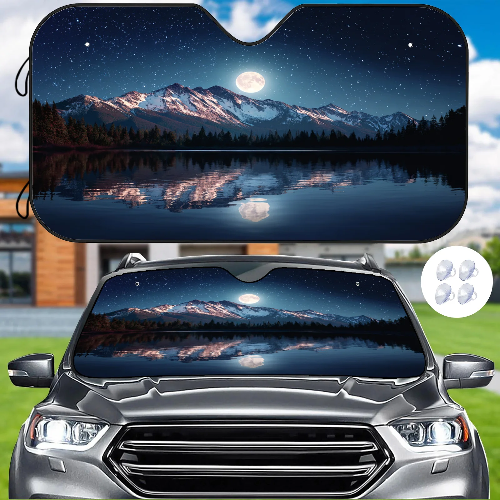 A Car Sunshade For Snowy Mountain Nights, Featuring Realistic Photography Style, Heat Insulation To Regulate Interior Temperatur