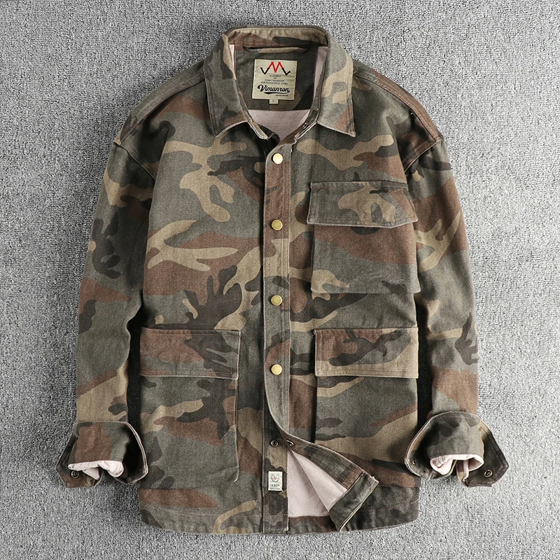 Khaki retro trend wash to do old camouflage cargo shirt men three-dimensional pocket design shirt jacket