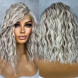 Perruque Bob Lace Front Wig naturelle bouclée, cheveux humains, gris blond, sans colle, avec baby hair, pre-plucked, adt