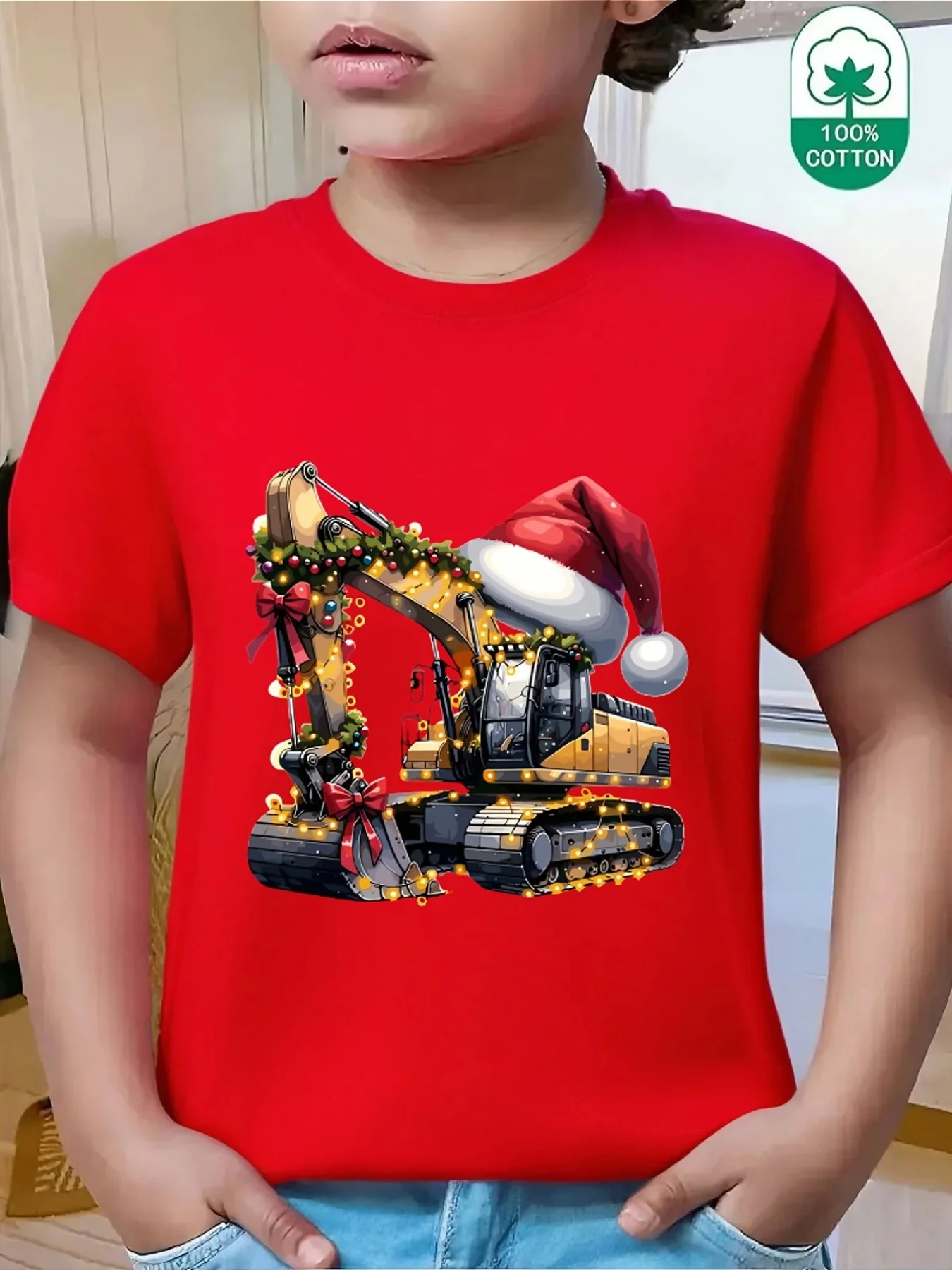Christmas Excavator With Santa Hat Light Garland Graphic  Matching T Shirt Boys Girls Short Sleeve Summer Crew Neck Casual Tops