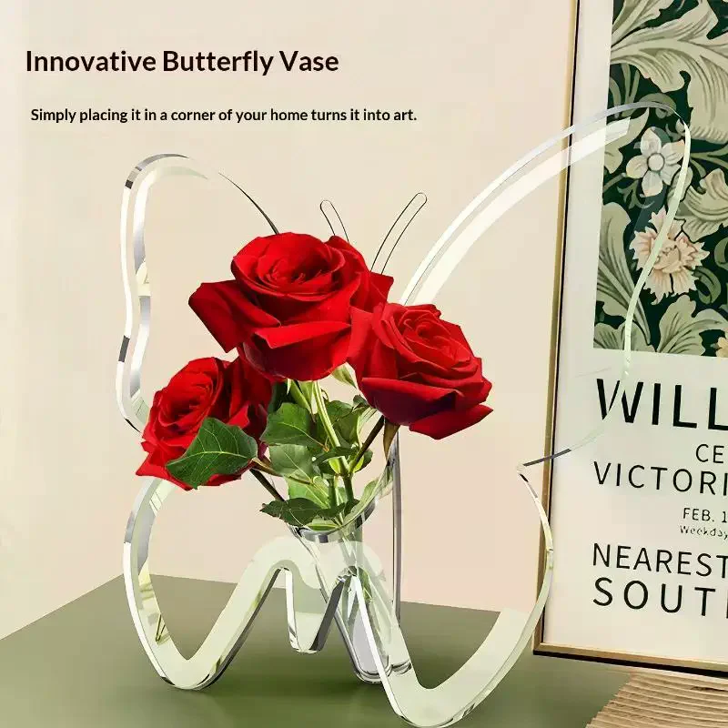 [Clear Acrylic Butterfly Shaped Vase High Transparent Finish For Home Hydroponic Flower Display Decor]
