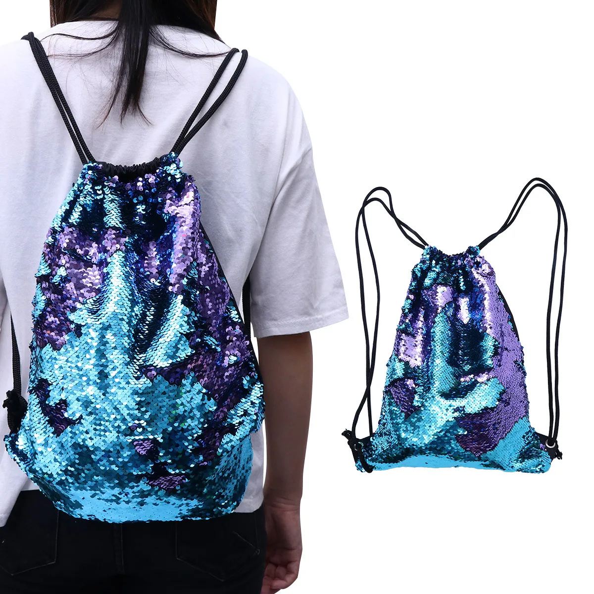 

Sequin Drawstring Backpack Blue Purple Large Capacity Premium Cloth Mermaid Bag for Hiking Camping Travel Shopping Teen Girls