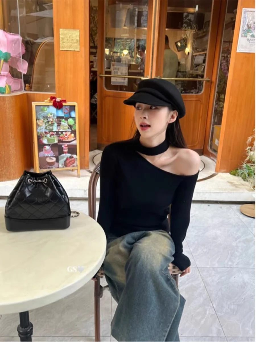 Shoulder Bared Knitted Wool Base Shirt Women's Fashion Sweet Style Slim Fit Design Inner Wear Turtleneck Autumn Season Top