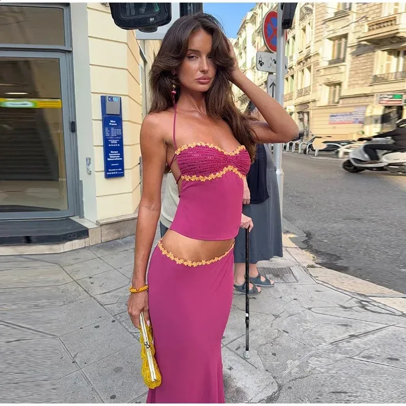Nouvel ensemble 2 pièces floral dos nu pour femme : crop top et jupe longue assortie – Tenue d'été idéale pour les vacances à la plage