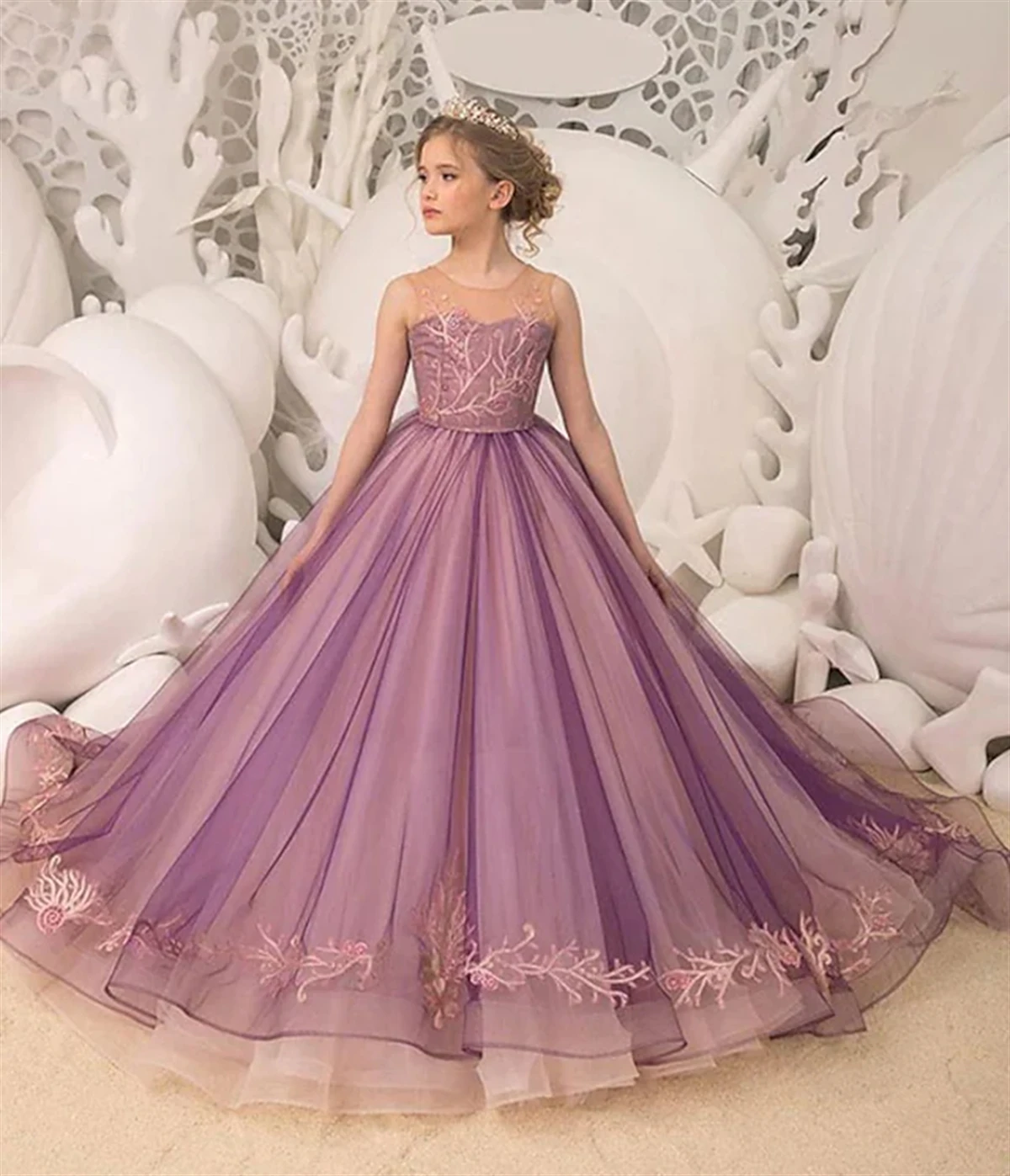 

New Design Purple A-Line Floor Length Flower Girl Dresses For Wedding Sleeveless With Tulle Appliques Birthday Party Dressees