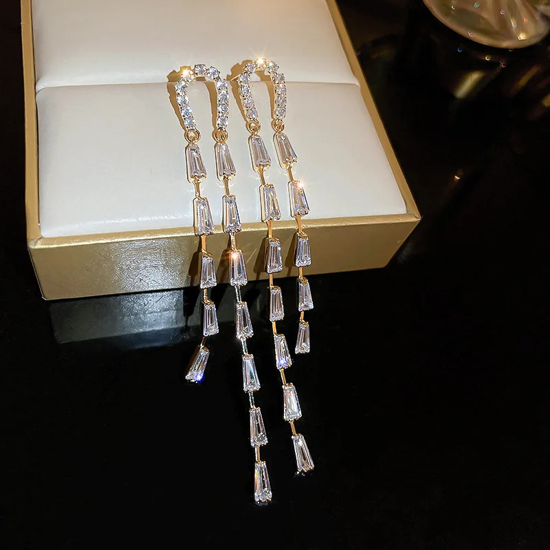 Korean Fashion Exquisite Zirconia Tassel Dangle Earrings