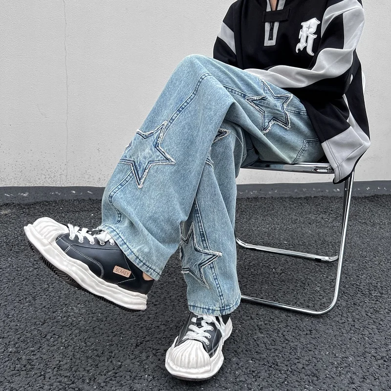 

Autumn Winter star patch embroidery jeans new fashion streetwear loose straight-leg denim pants for men and women couples