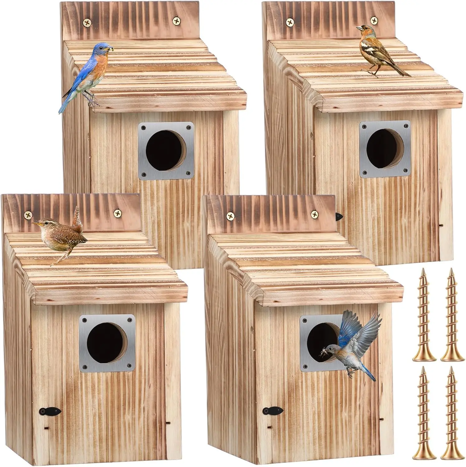 

Комплект из 4 предметов кедровых домиков Bluebird с отверстием 1-1/2 дюйма, металлической защитой и вентиляционными отверстиями для птиц на открытом воздухе