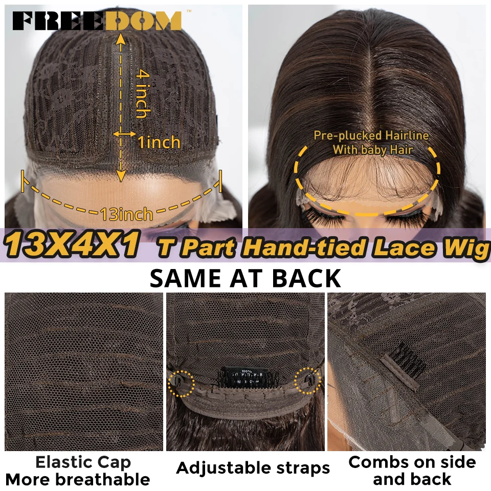 FREEDOM 14 Zoll kurze, gewellte, synthetische Lace-Front-Perücken für Damen, Ombre-Blond-Braun, vorgezupfte T-Part-Lace-Perücken, Perücke für den täglichen Gebrauch – Detail 6