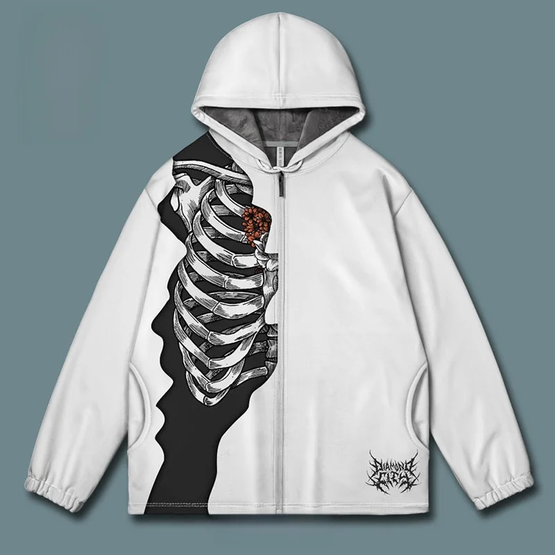 Loween Undng squelette créatif 3D côtes Illustration surdimensionné ouvert Cardigan sweat ex Streetwear Polyester Spandex