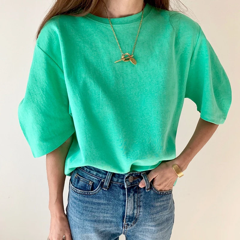 

Korean Loose Elegant Casual Shirts O-Neck Vintage Harajuku Cotton Tops 4 Colors W686 Puff Sleeve Summer T-Shirts Women Solid