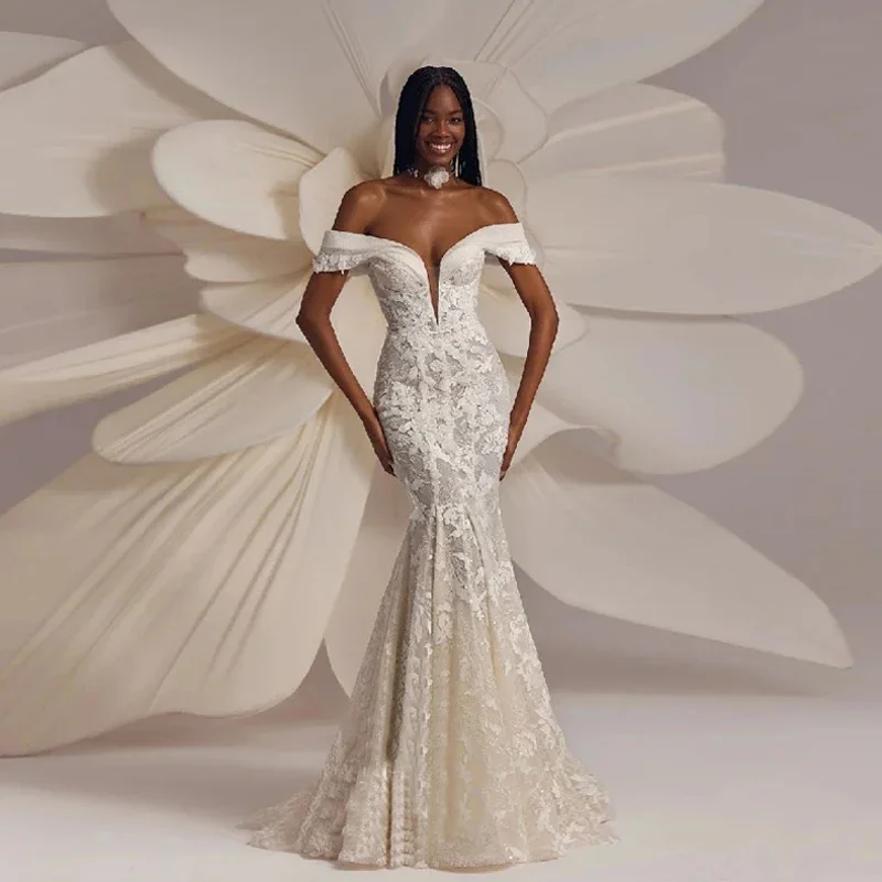 

Flavinke Customized Elegant Mermaid Lace White Wedding Dresses Off Shoulder Deep V-Neck Corset Bride Gowns vestidos de novia