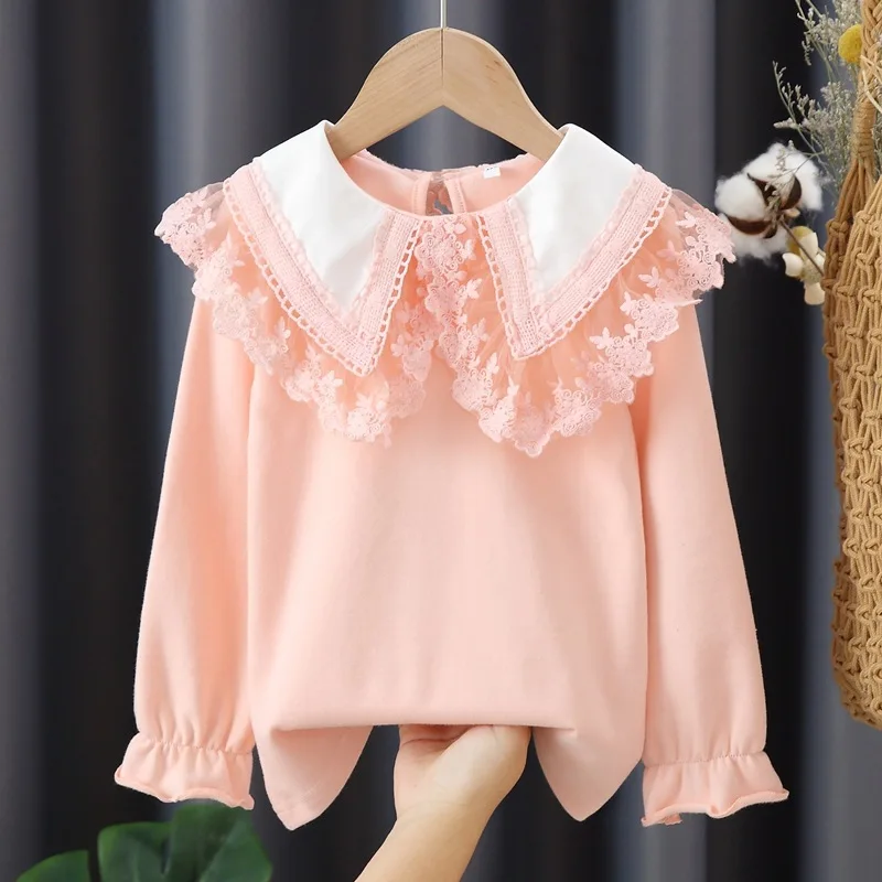 new delivery spring autumn winter velvet fleece children kids baby white T shirt 3-9year students girl clothes lace flower