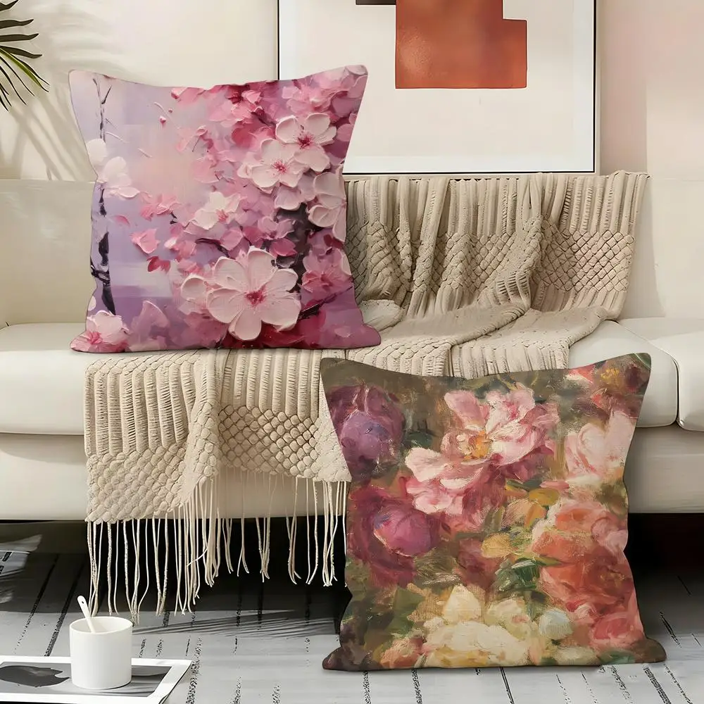 Pink Peony Rose Cherry Cushion Cover Natural Linen Organic Fabric Double-Sided Printing Sofa Home Decor Gift Pillow Cover