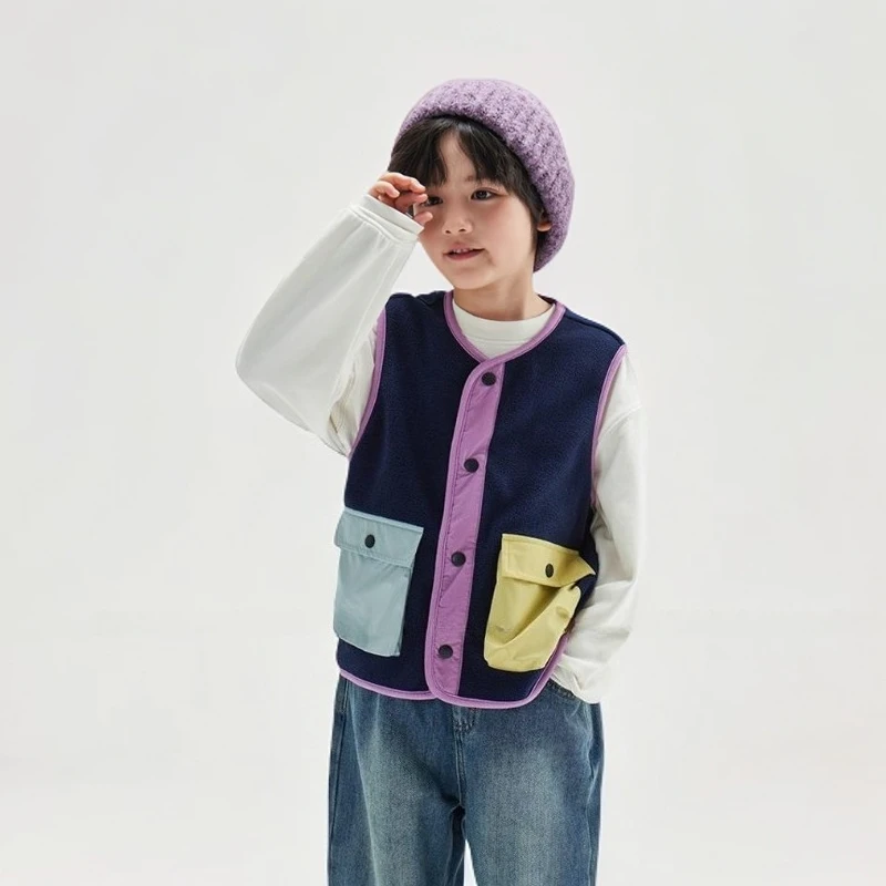 2025 Autumn Winter Kids' Patchwork Colorblock Vest Cashmere Cape for Boys Korean Style Kids' Waistcoat Stylish Layered Jacket