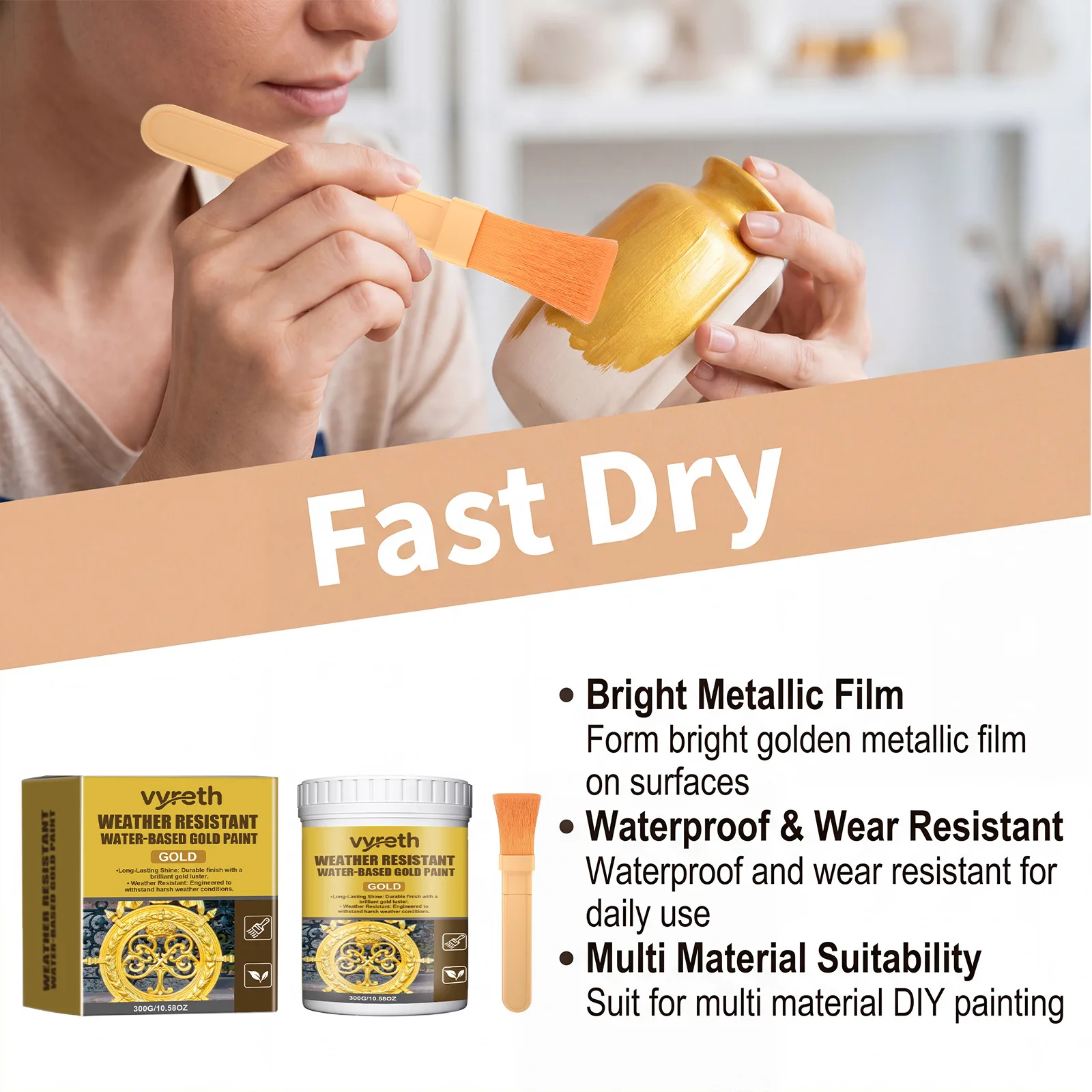 

Fast Drying Water-Based Gold Paint 300g Waterproof Metallic Acrylic Paint for Indoor and Outdoor Wall Metal Renovation