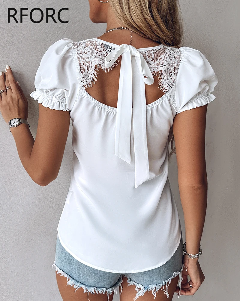 2024 Women Short Sleeves Lace Patchwork Lace Up Summer Basic White Blouse Top