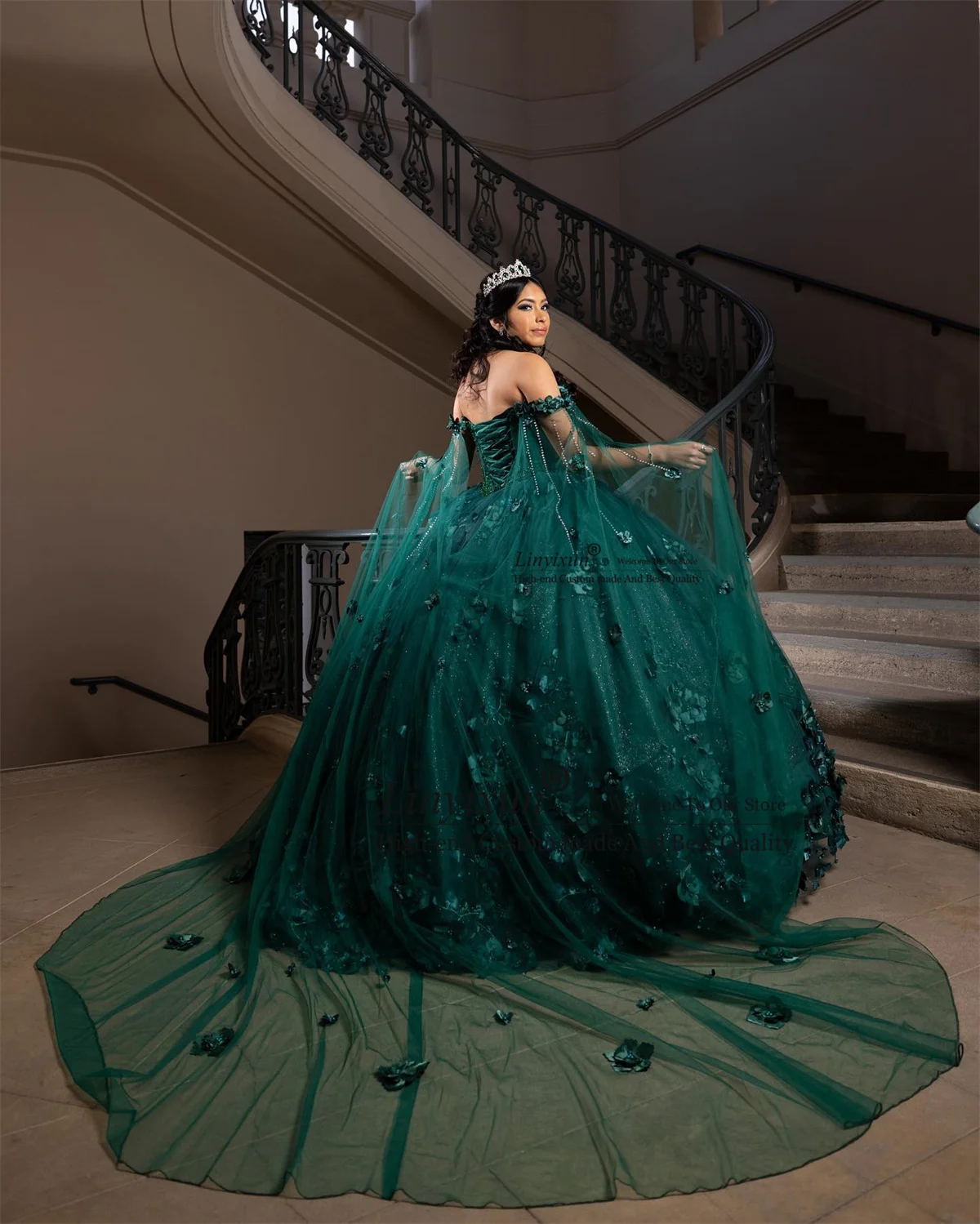 Green 3D Floars Ball Gown Quinceanera Dress Off Shoulder Appliques Lace Vestidos XV De 15 Años With Long Cape Sweet 16 Dress