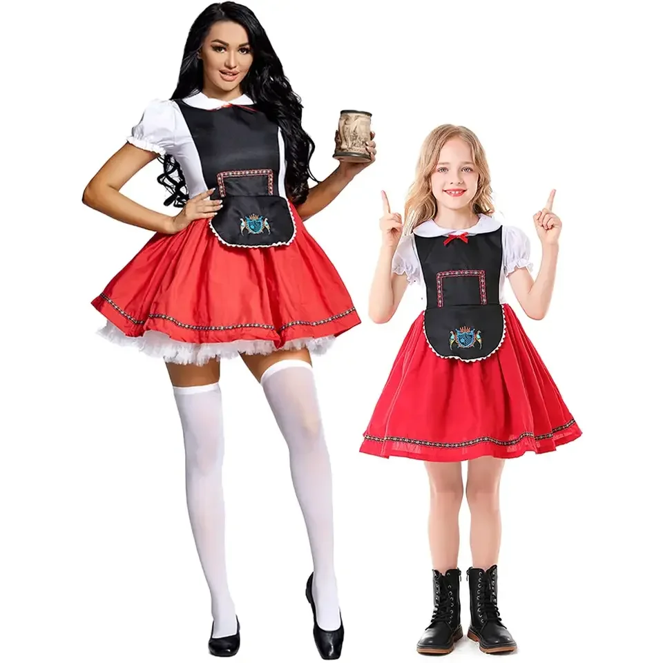 

Red Dirndl Dress Oktoberfest Mother-daughter Outfits Bavarian Beer Festival Waitress Halloween Party Cute Maid Cosplay Uniform